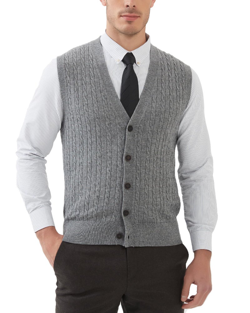 Kallspin Men's Cable Knit Sweater Vest Wool Blend V Neck Button Down Sleeveless Cardigan Vest(Light Grey, 2X-Large) - Image 1